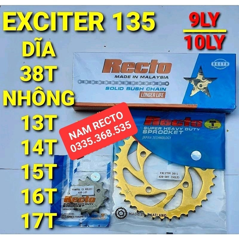 Nhông sên dĩa vàng Exciter 135 9ly 10 ly dĩa 38 nhông 13 14 15 16 17 recto chính hãng