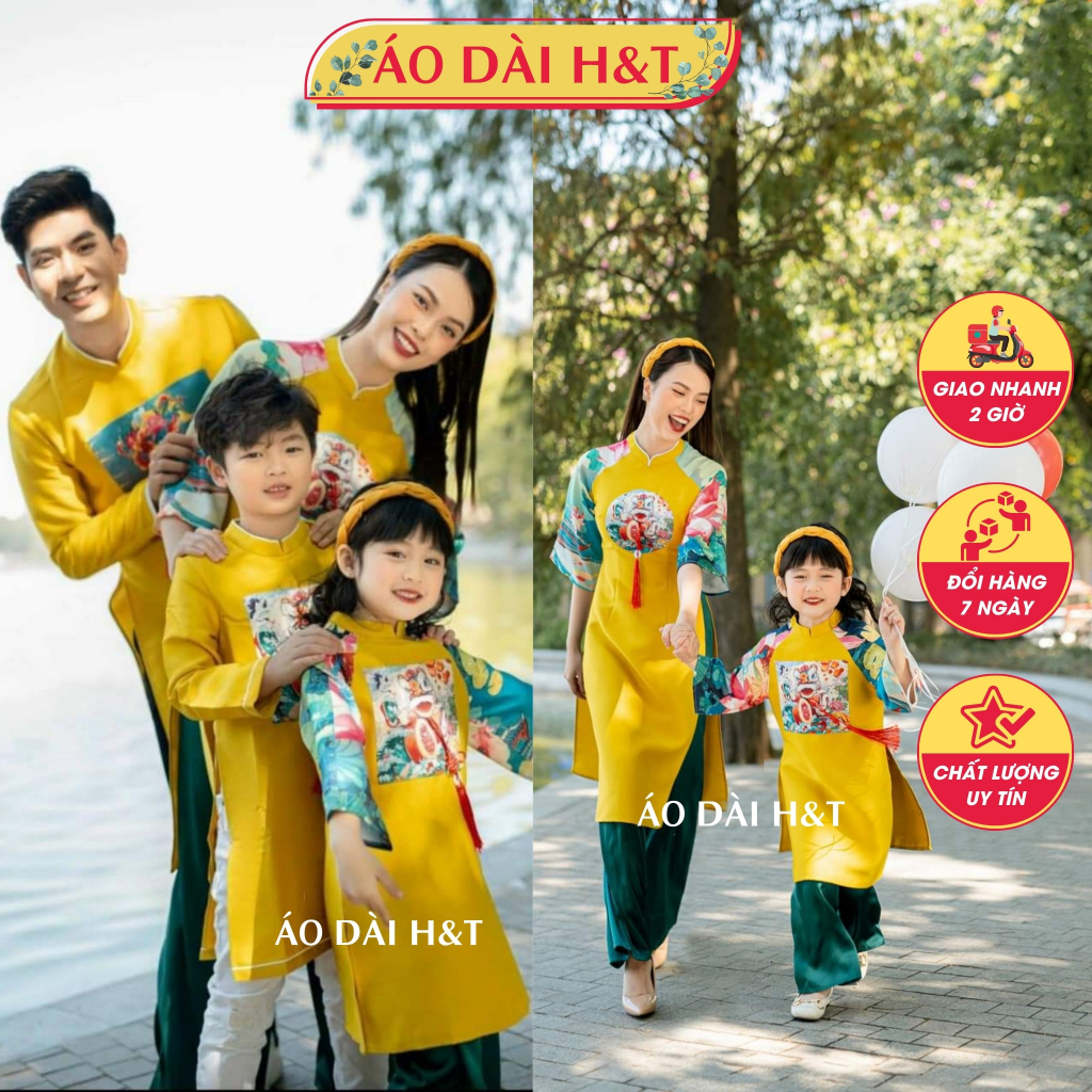 Áo dài cách tân gia đình long phụng màu vàng - Áo Dài Sài Gòn H&T