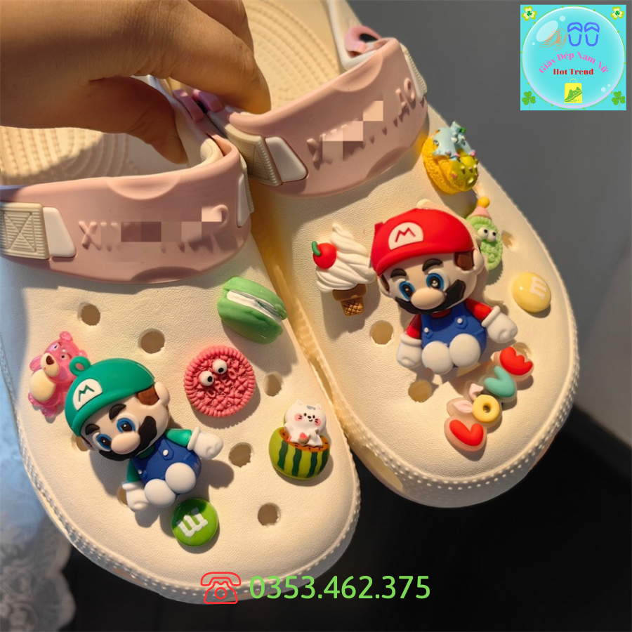 Bộ Sticker Mario Nấm Lùn Phụ Kiện Trang Trí Dép Crocs Jibbitz Charm 3D Gắn Sục Cross Mẫu Mới 2023 Siêu Xinh Sẵn Nút Gắn