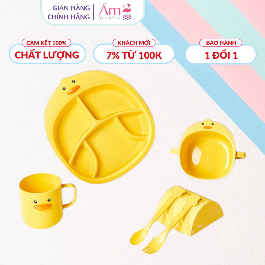 Bộ Ăn Dặm Cho Bé Hình Vịt Vàng Dễ Thương Ấm Baby Gồm Khay, Bát Và Cốc Chất Liệu Nhựa PP An Toàn Ấm Gift Decor