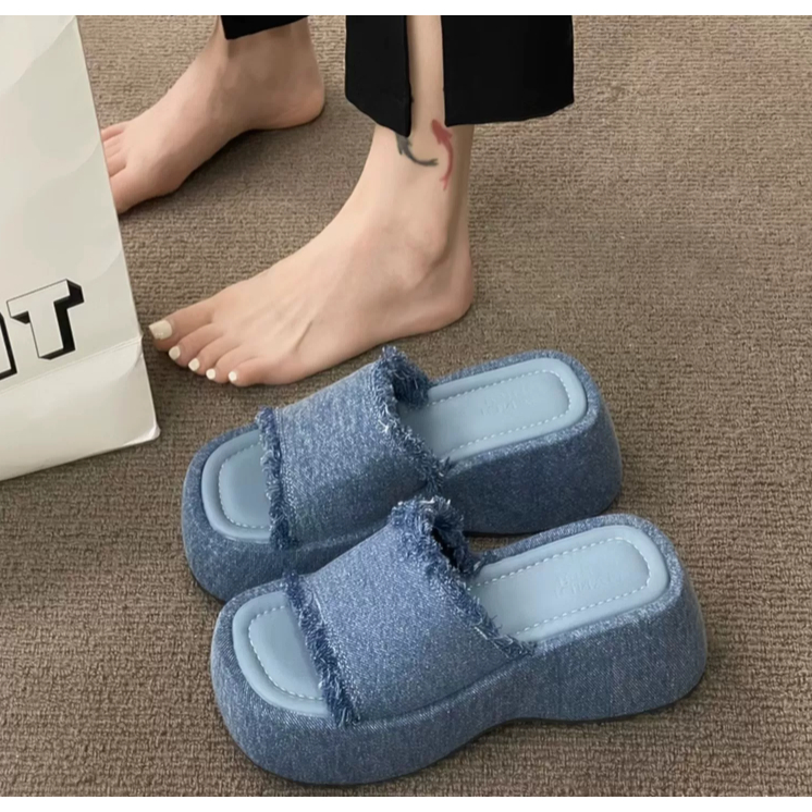 Dép lê đế dày denim nữ đi ngoài mùa hè năm 2023 mẫu mới