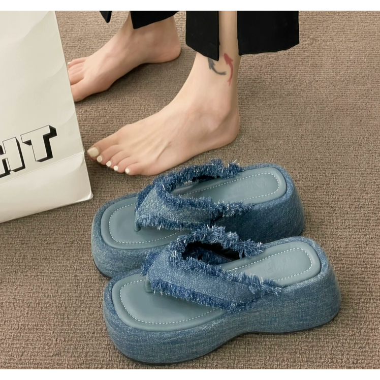 Dép lê đế dày denim nữ đi ngoài mùa hè năm 2023 mẫu mới