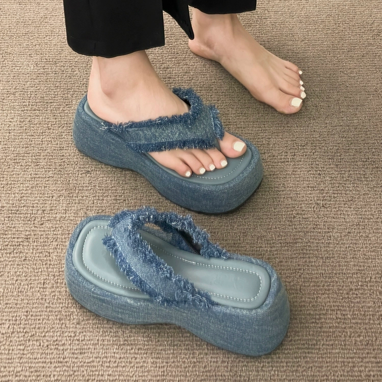 Dép lê đế dày denim nữ đi ngoài mùa hè năm 2023 mẫu mới