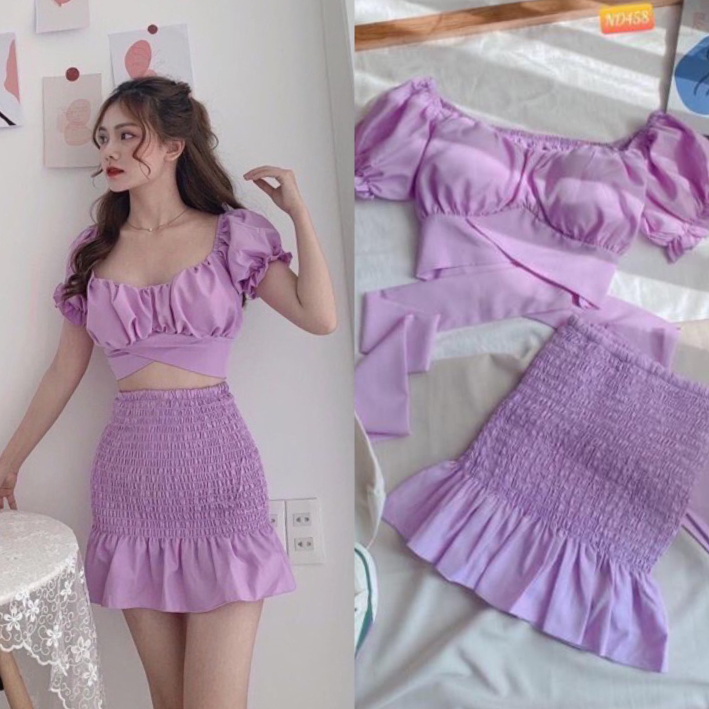 Set Đồ Nữ Dễ Thương NHISTORE Áo Croptop Tay Phồng Váy Dún Lai Bèo Freesize Dưới 55kg