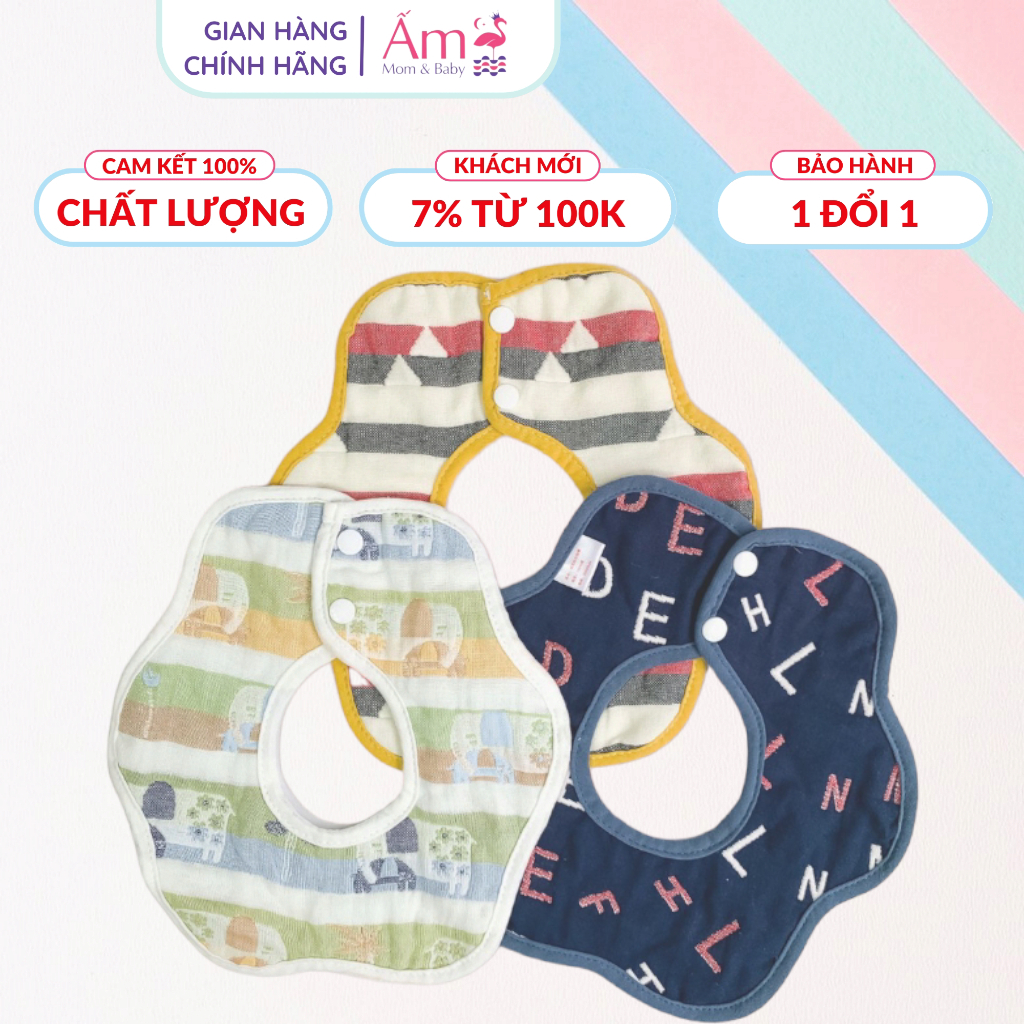 Yếm Vải Xô Ấm Baby Xoay 360 Độ Hai Mặt Cho Bé Ăn Dặm Mềm Mịn Thấm Hút Tốt, Có khuy Bấm Chống Bẩn Ấm Gift Decor