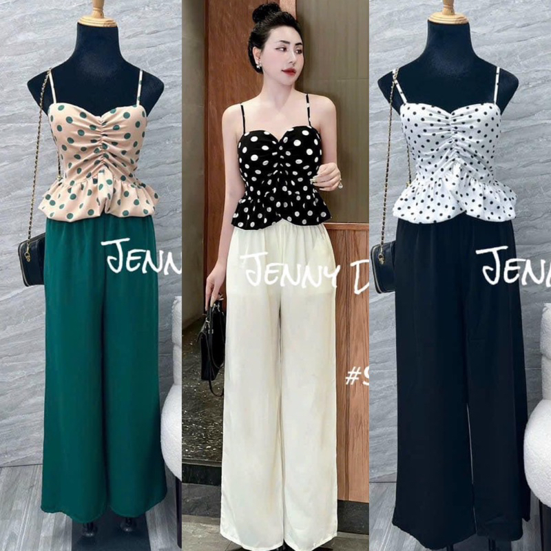 Set Bộ Áo Dây Chấm Bi Bí Xoè + Quần Ống Xuông Dập Ly