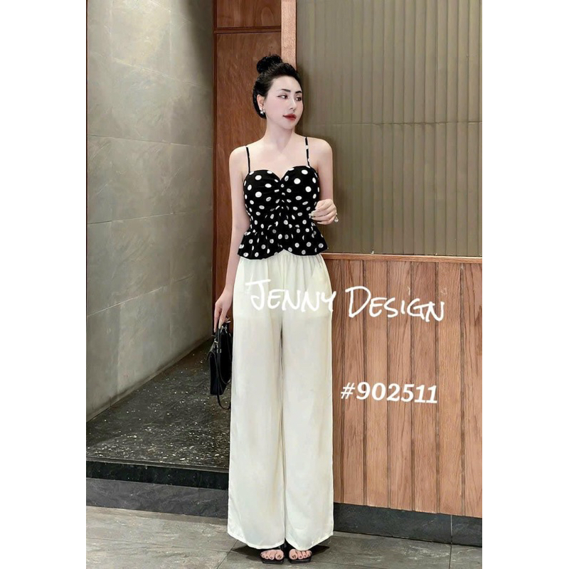 Set Bộ Áo Dây Chấm Bi Bí Xoè + Quần Ống Xuông Dập Ly