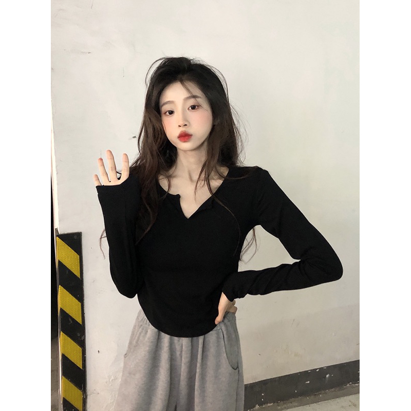 Áo thun tay dài ôm body vạt eo, Áo thun ôm dài tay