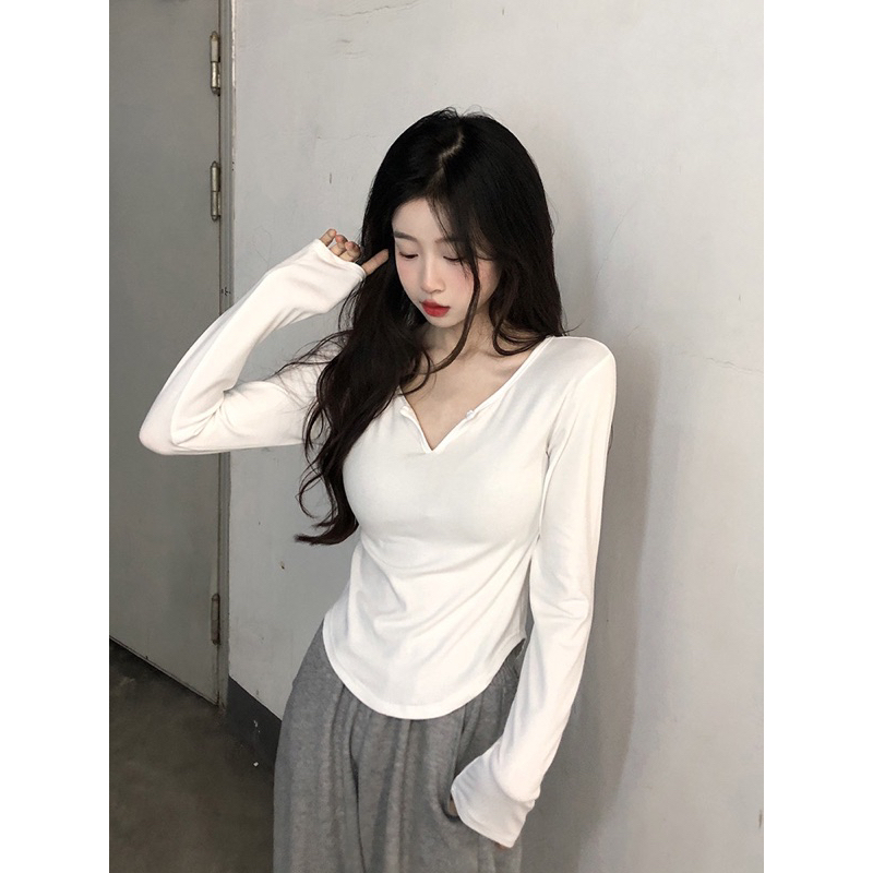 Áo thun tay dài ôm body vạt eo, Áo thun ôm dài tay