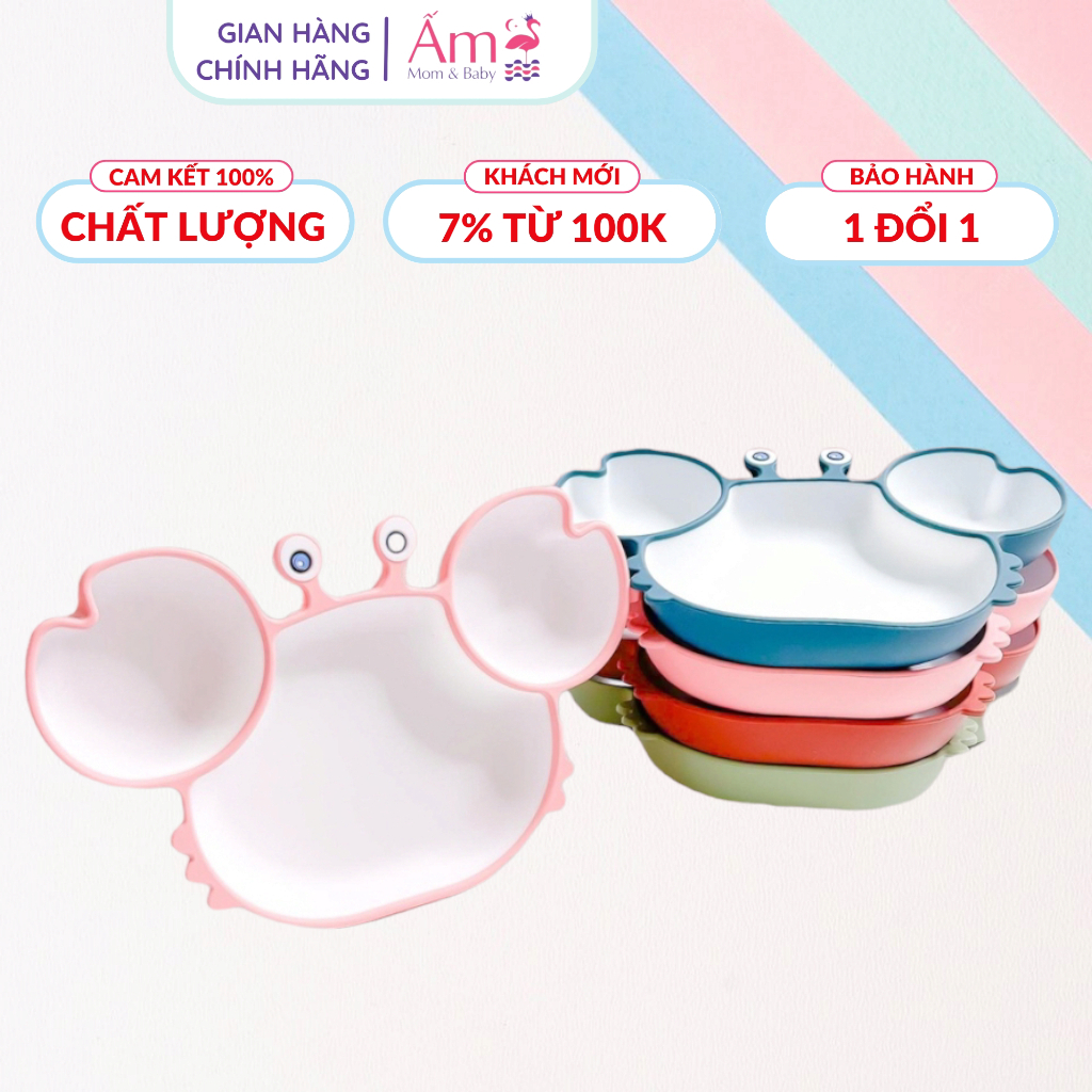 Khay Ăn Dặm Silicon Cho Bé Để  Đồ  Hình Con Cua Dễ Thương Ấm Baby Có Đế Hút Chống Đổ Cao Cấp Ấm Gift Decor