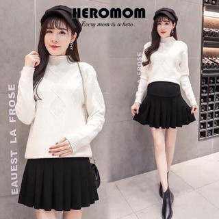  Chân váy bầu ngắn xếp li chất Umi có quần trong mặc công sở đi chơi HEROMOM 