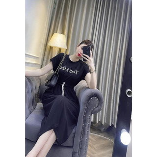 Đầm dài nữ kiểu dây cột nơ eo in chữ trắng tay ngắn cổ tròn 1 màu trơn cực sang cho cô nàng năng động ba