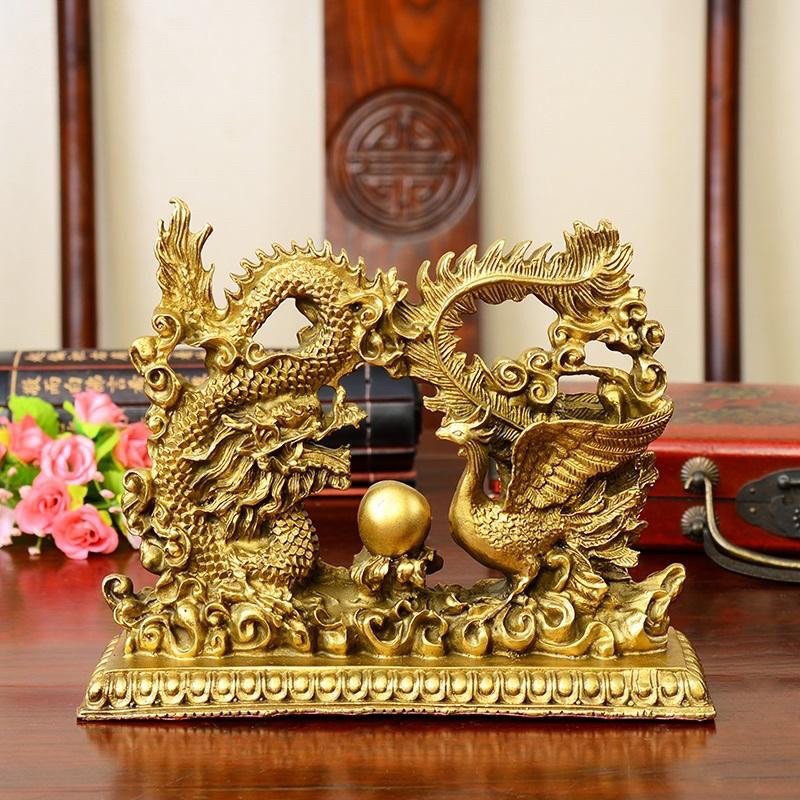 Rồng phượng chầu ngọc bằng đồng thau nguyên chất linh vật rồng phượng long phụng