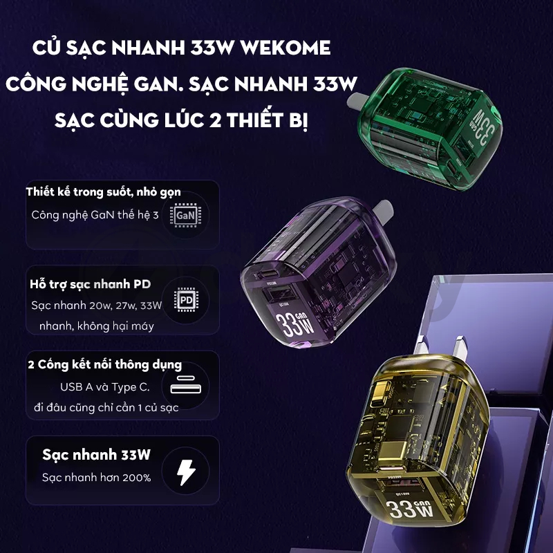 Củ sạc trong suốt Wekome WP-U115 33W củ sạc nhanh 33w 2 cổng USB + Type C