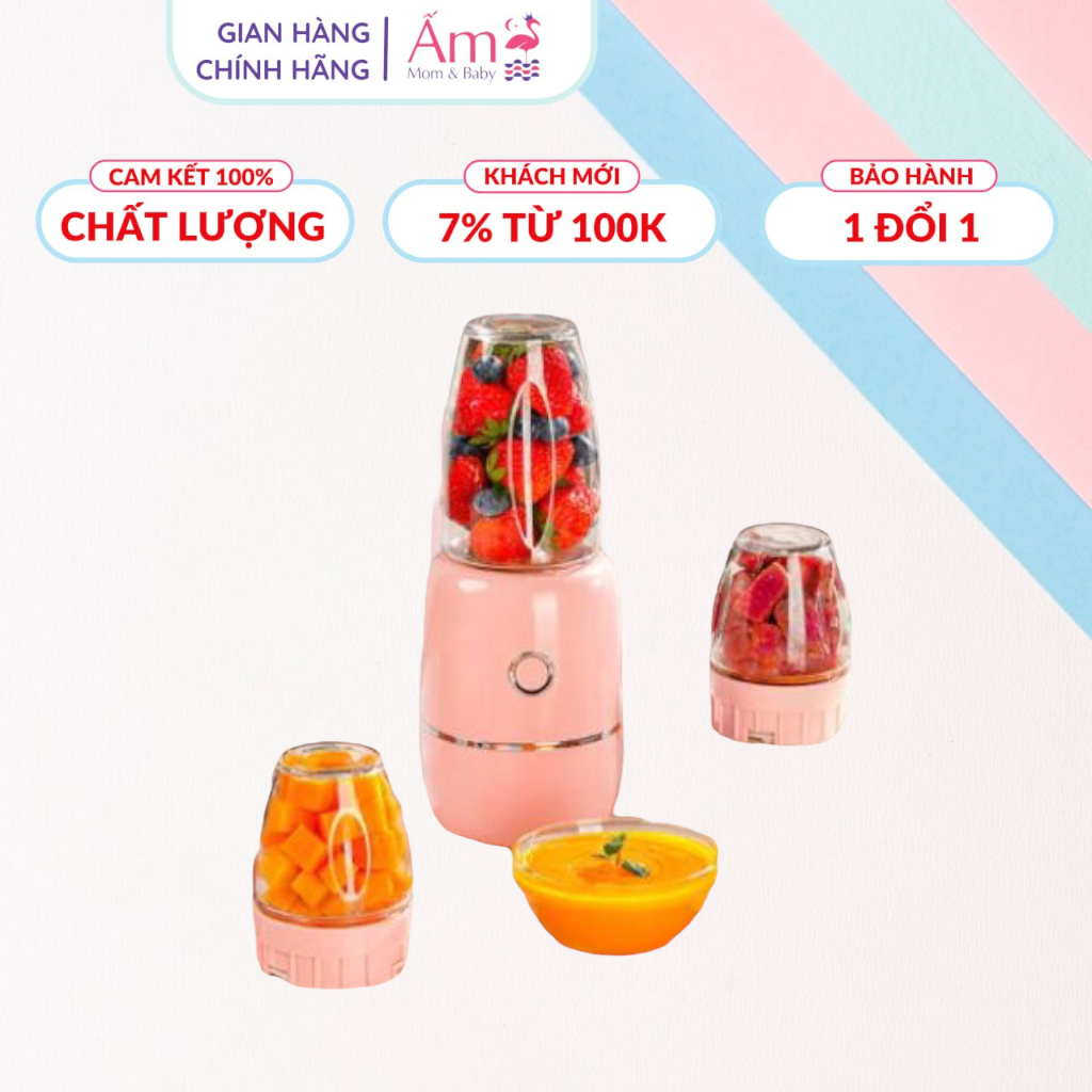Máy Xay 3 Cối Thủy Tinh Ấm Baby Làm Sinh Tố Nấu Đồ Ăn Dặm Bảo Hành 6 Tháng Bởi Ấm Gift Decor
