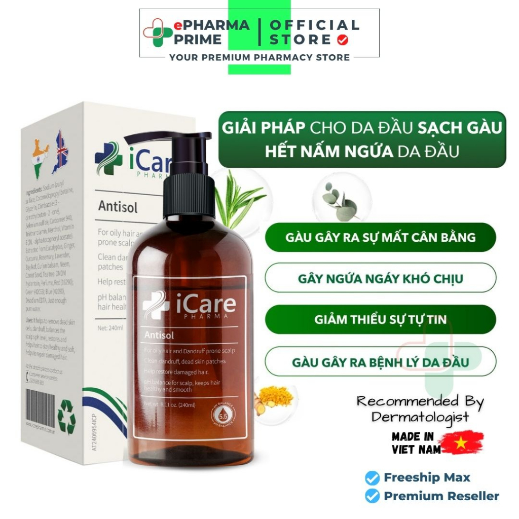 Dầu Gội iCare Pharma Antisol Dược Liệu PH 6.5 Giúp Làm Sạch Gàu, Giảm Ngứa 240ml