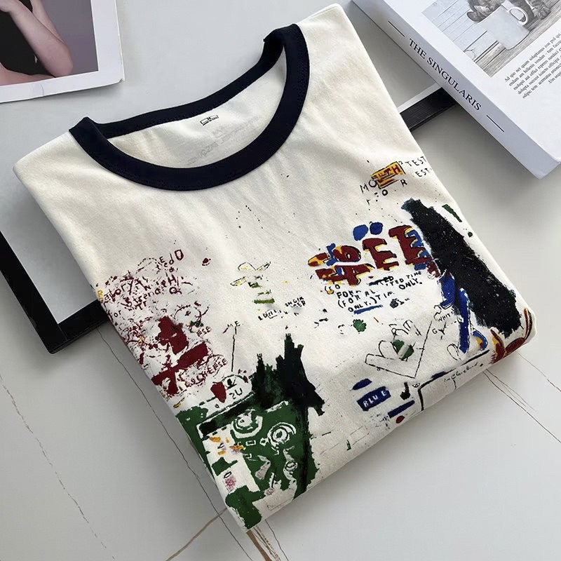 Áo Thun Cotton In Họa Tiết Hoạt Hình Graffiti Tay Ngắn Năm Nữ Mang Được