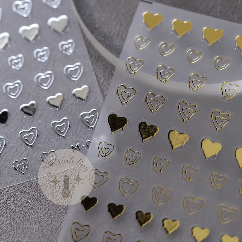 Miếng Dán Trang Trí Móng Hình Trái Tim Viền Kim Loại Mạ Vàng , Bạc , Đồng