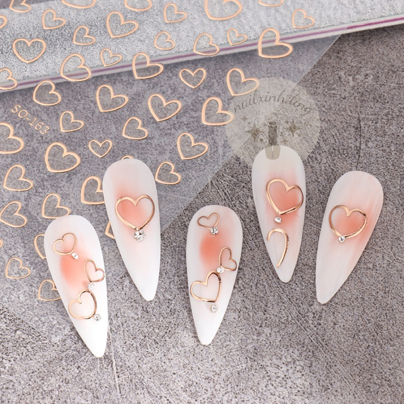 Miếng Dán Trang Trí Móng Hình Trái Tim Viền Kim Loại Mạ Vàng , Bạc , Đồng