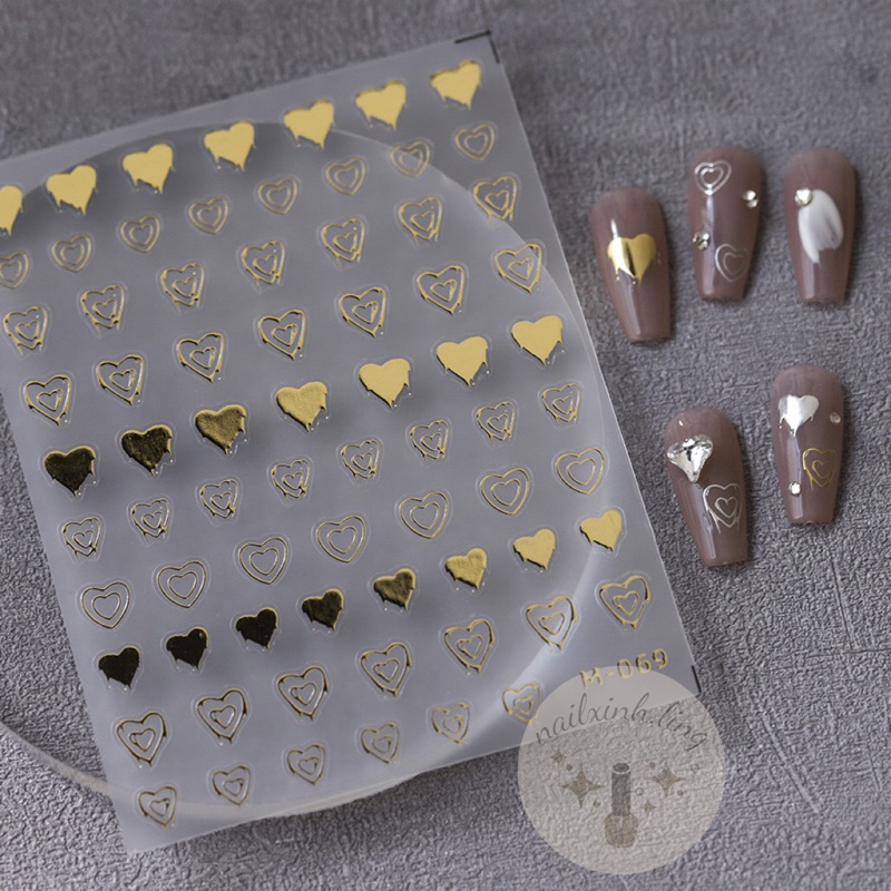 Miếng Dán Trang Trí Móng Hình Trái Tim Viền Kim Loại Mạ Vàng , Bạc , Đồng