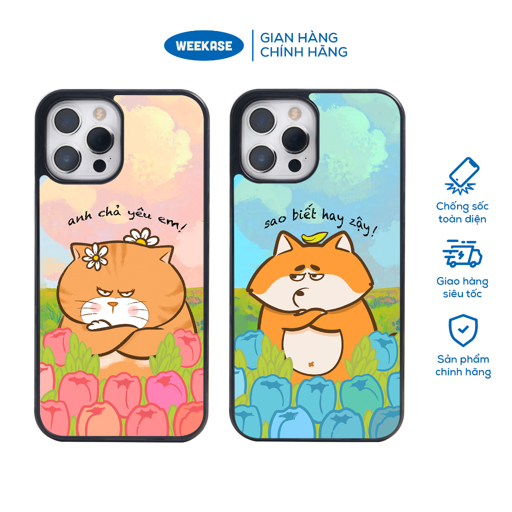 Ốp lưng iPhone viền trắng, đen chống sốc chống va đập Weekase in hình Mèo Tulip - Màu in cực bền