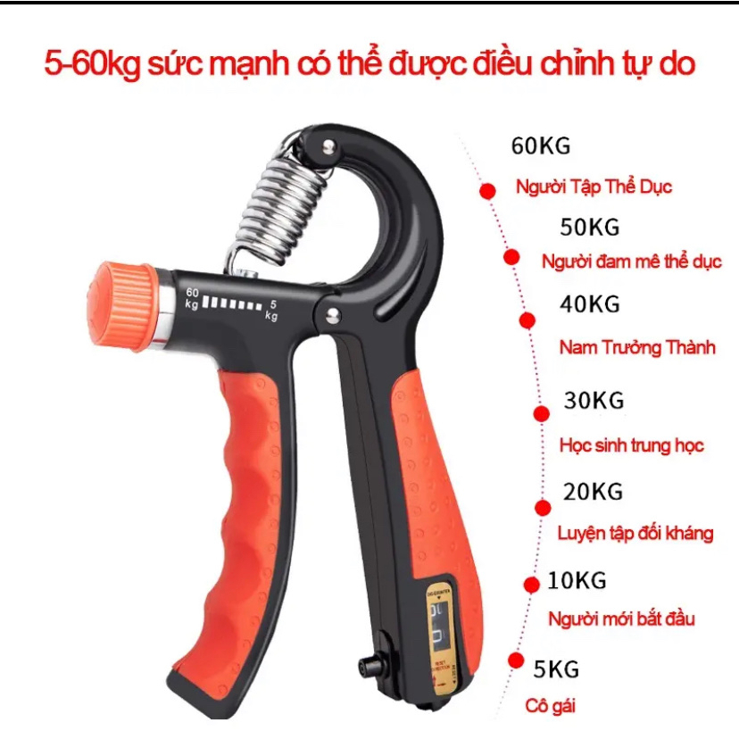 Kìm Bóp Tay, Kìm Tập Cơ Tay, Dụng Cụ Tập Gym Tại Nhà Điều Chỉnh Lực bóp từ 5-60kg, Có Đếm số tự động khi tập