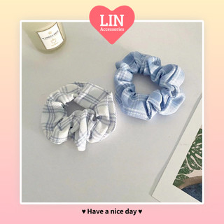 Scrunchies Cột Tóc Caro Màu Xanh LIN Phong Cách Hàn Quốc