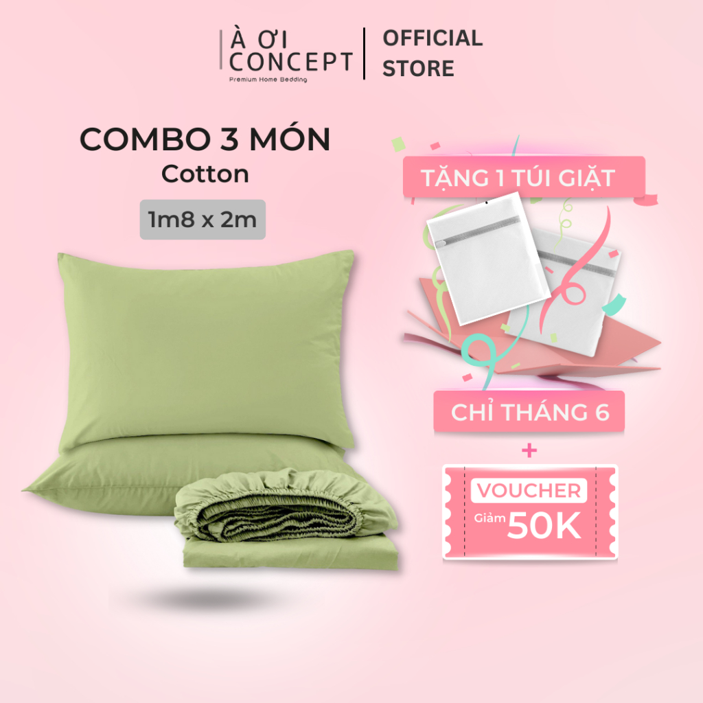Combo 3 Món Cotton Satin Ga Giường 1m8 x 2m và 2 vỏ gối nằm À Ơi Concept cao cấp Hàn Quốc nhiều màu