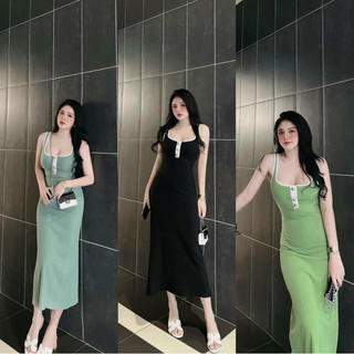 Đầm body dây phối viền + Nút kiểu + 2 dây cổ vuông