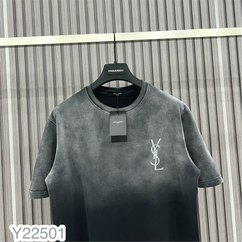Áo Phông Nam Y.S.L Loang Xám Cao Cấp, Áo Phông In Chữ Logo Nhũ Siêu Đẹp