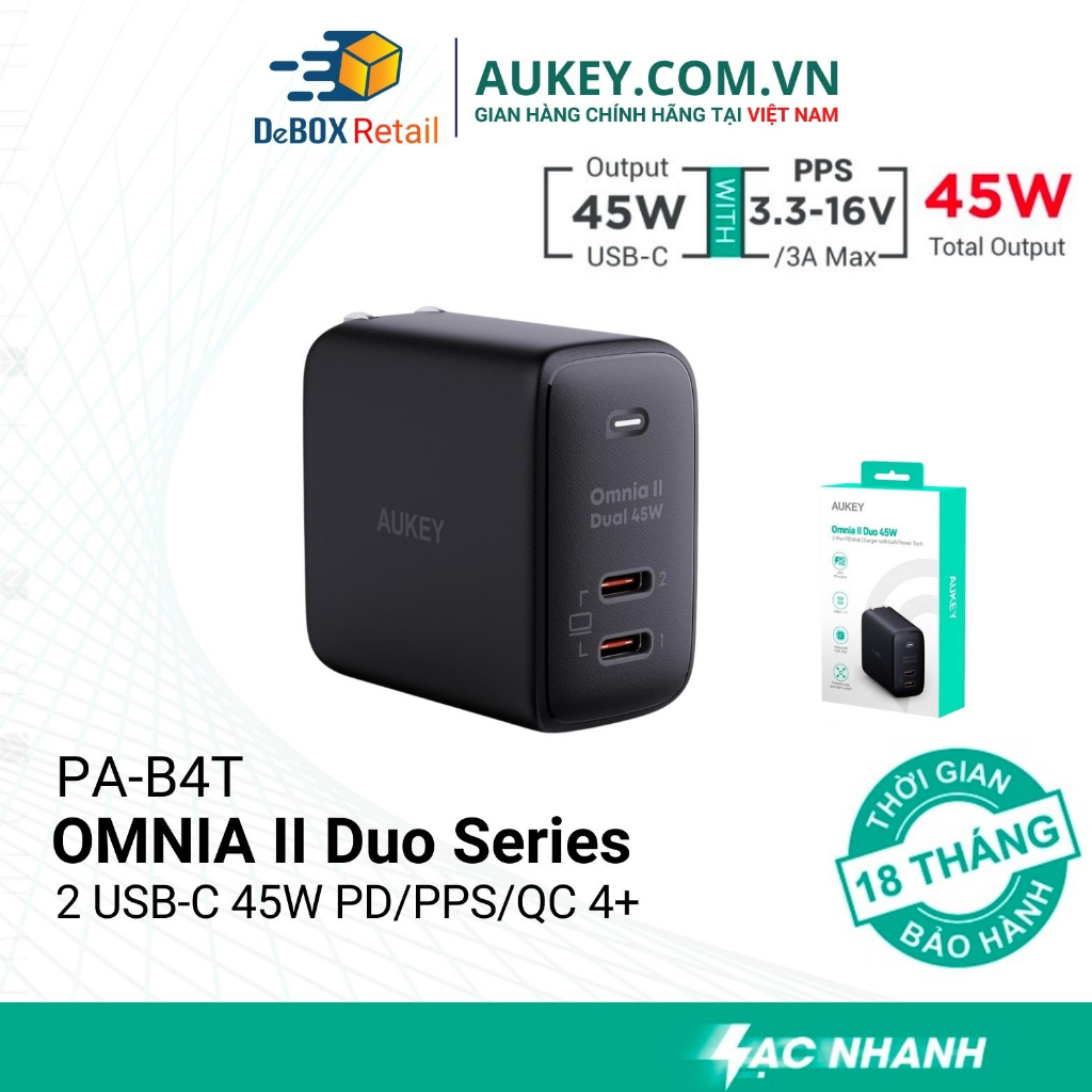 Sạc siêu nhanh 2 cổng AUKEY PA-B4T Omnia ll Duo 45W GAN Hổ trợ công nghệ PD/PPS/QC 4.0 cho Laptop - Hàng Chính Hãng