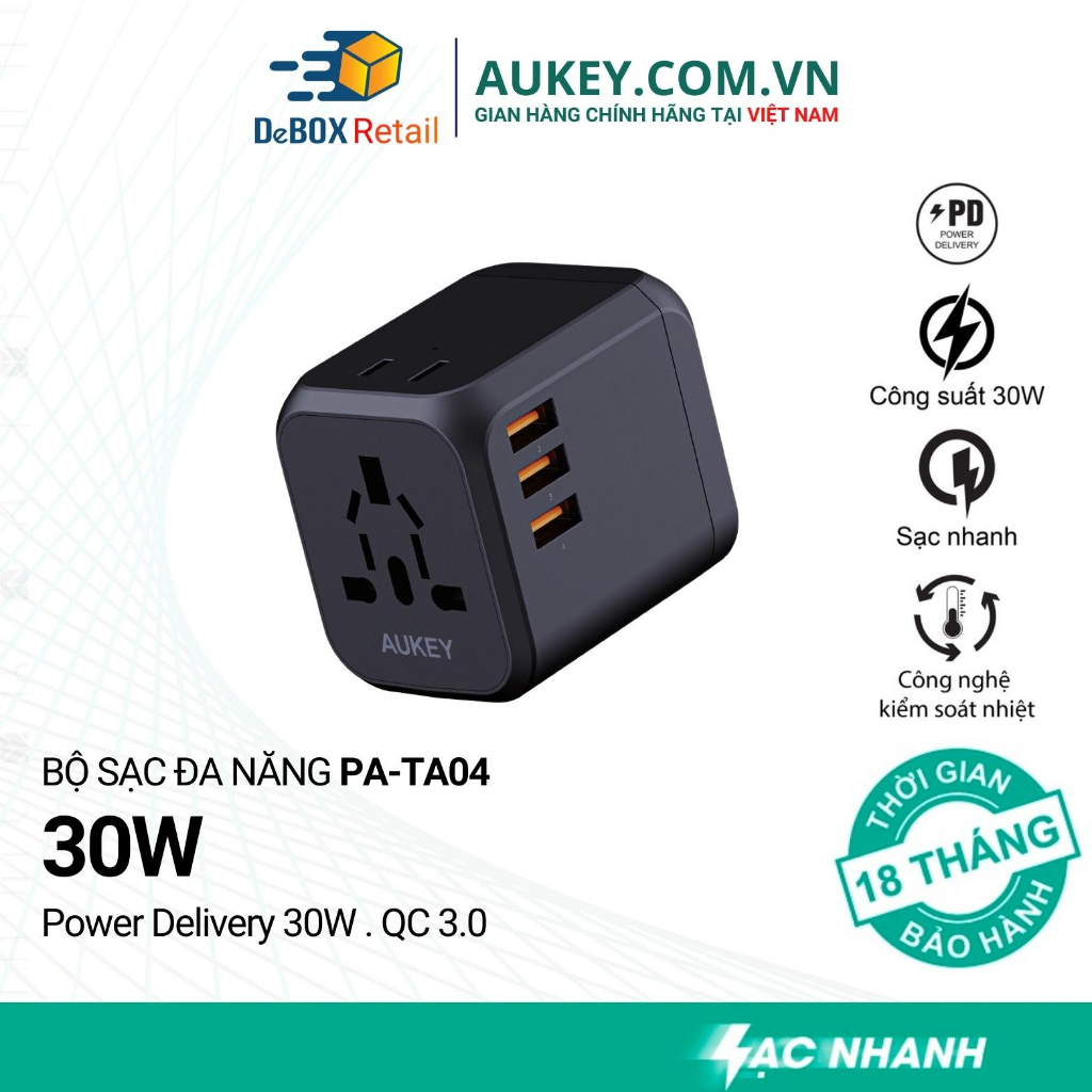 Bộ sạc đa năng nhiều cổng AUKEY PA-TA04 Power Delivery 30W Quick Charge 3.0 tương thích hơn 150 quốc gia - Chính hãng