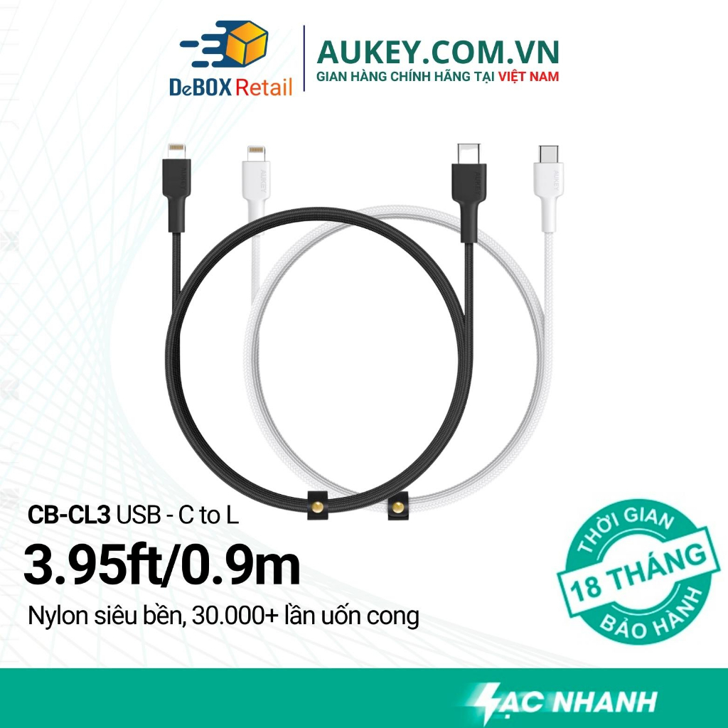 Cáp Sạc Nhanh AUKEY CB-CL3 MFi USB C to L dài 0.9m, Chất liệu Nylon, Hổ trợ sạc PD 22,5W - Hàng Chính Hãng