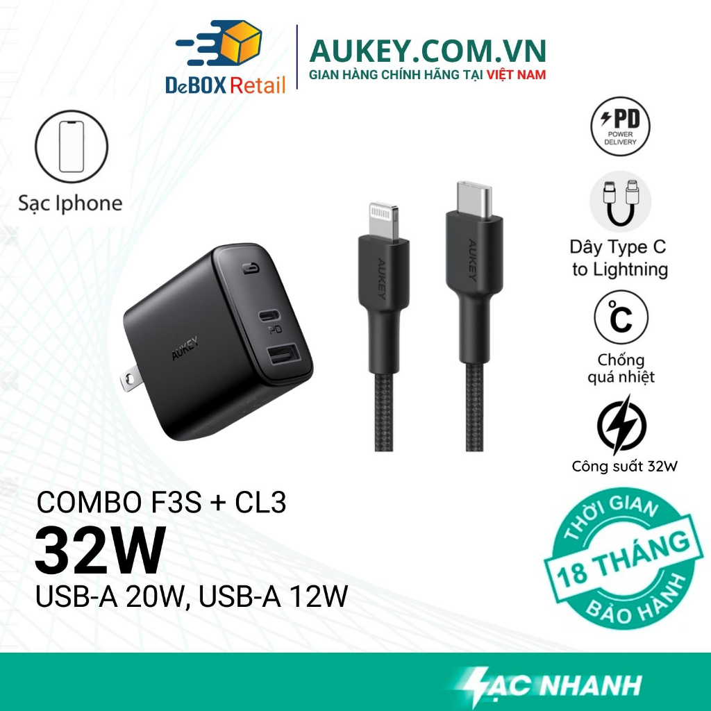 Combo AUKEY Bộ Củ Sạc PA-F3S 32W, Dây Sạc Nhanh 0,9m CB-CL3 USB-C to IP 20W chuẩn PD - Hàng chính hãng BH18 TH