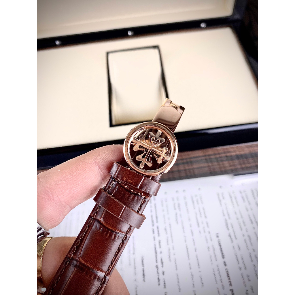 Đồng hồ Nam PT 6kim vành đá trăng sao dây da vỏ vàng hồng có thứ ngày tháng máy nhật dòng cơ Automatic size 40mm