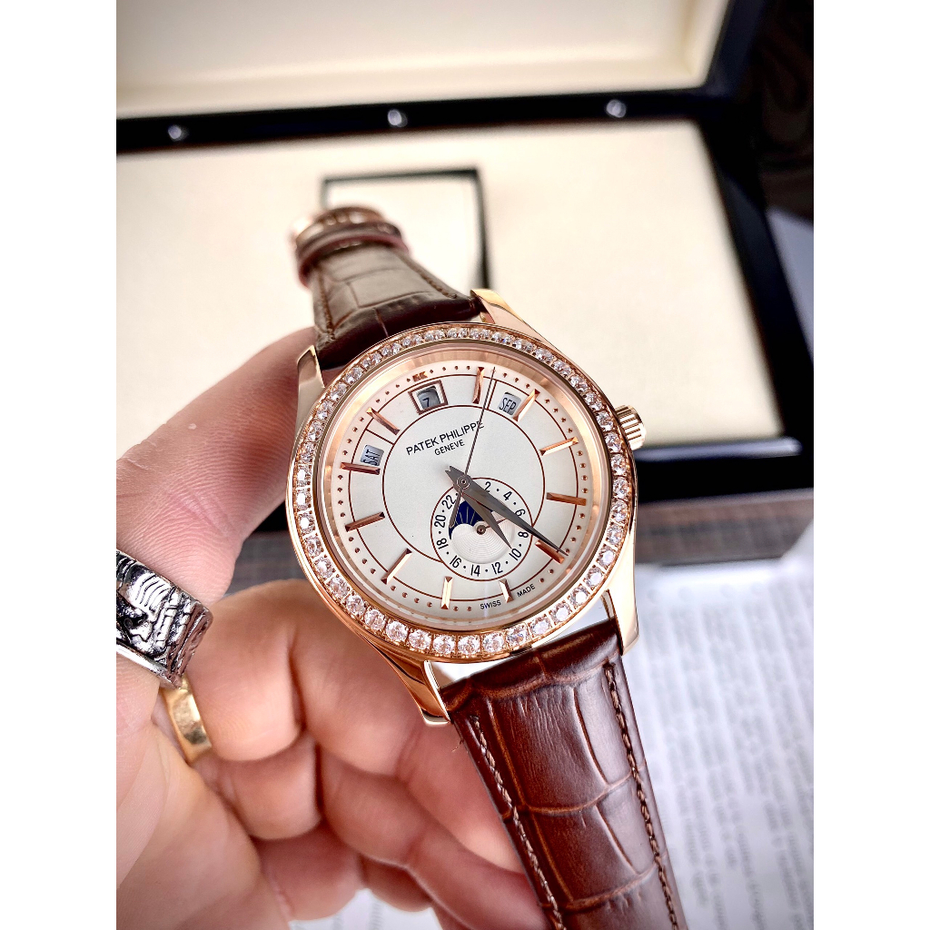 Đồng hồ Nam PT 6kim vành đá trăng sao dây da vỏ vàng hồng có thứ ngày tháng máy nhật dòng cơ Automatic size 40mm