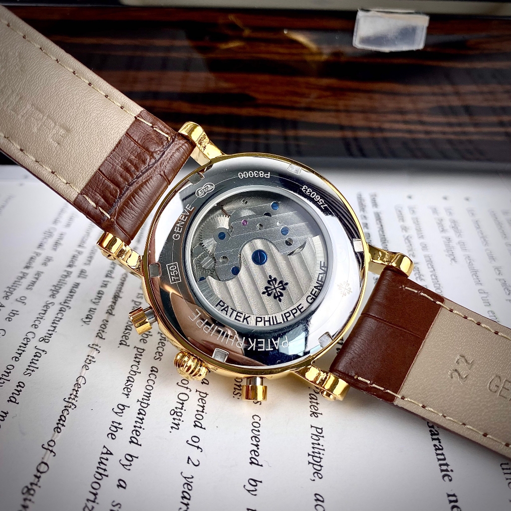 Đồng hồ Nam PT 6kim vành đá trăng sao dây da vỏ vàng hồng có thứ ngày tháng máy nhật dòng cơ Automatic size 40mm