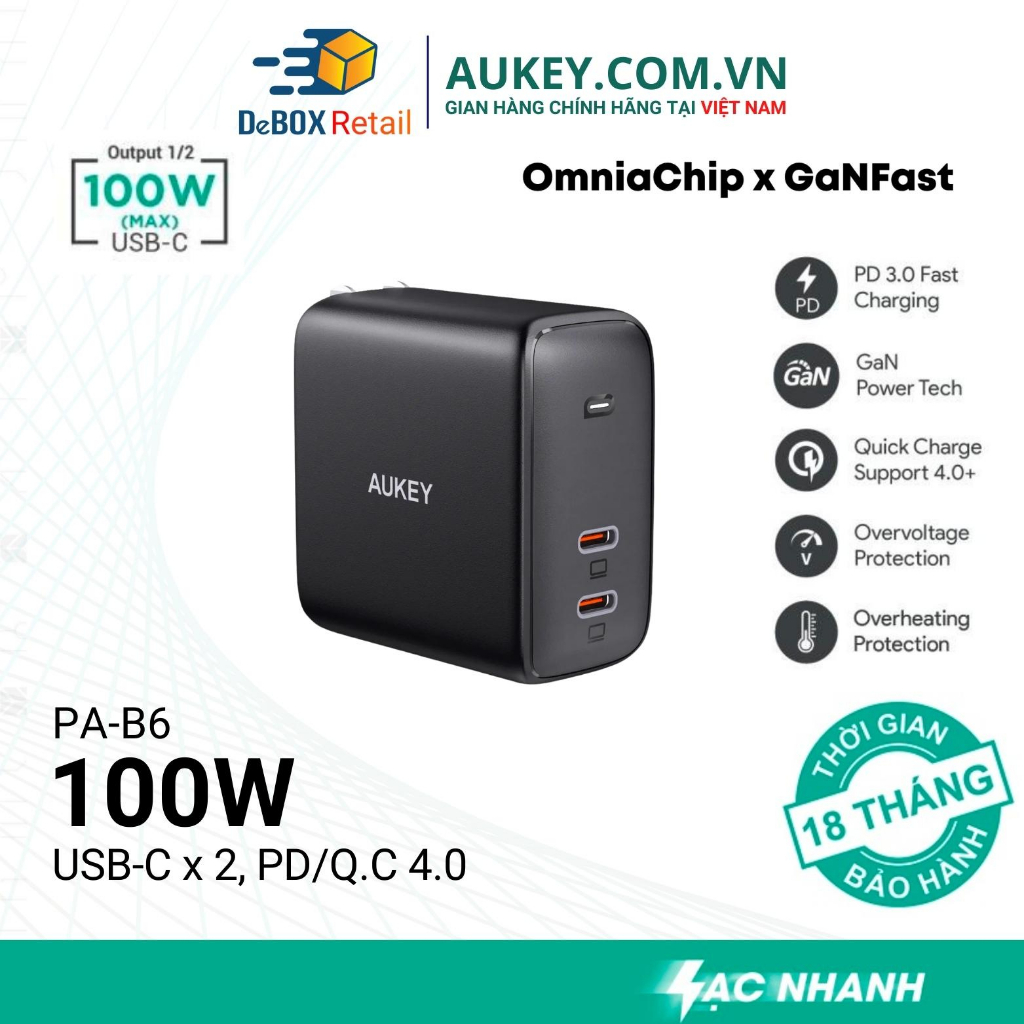 Củ sạc nhanh AUKEY PA-B6 Omina 100W 2 cổng công nghệ GaN, PD 3.0 QC 4.0 cho laptop, thiết bị di động - Hàng Chính Hãng