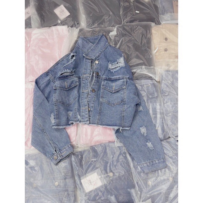 Áo Khoác Jean Rách Denim Tay Dài, Áo Jean Form Ngắn Croptop Trendy