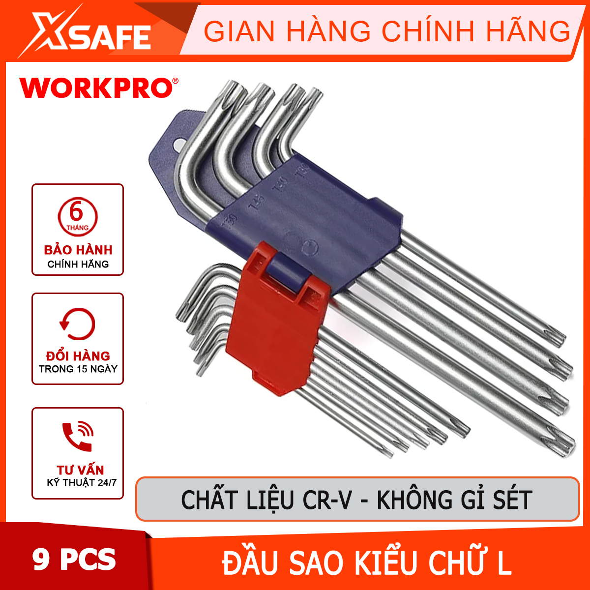 Bộ lục giác đầu hình sao kiểu chữ L Workpro - WP222002, loại trung 9 cái (T10,T15,T20,T25,T27,T30, T40, T45, T50) thép h