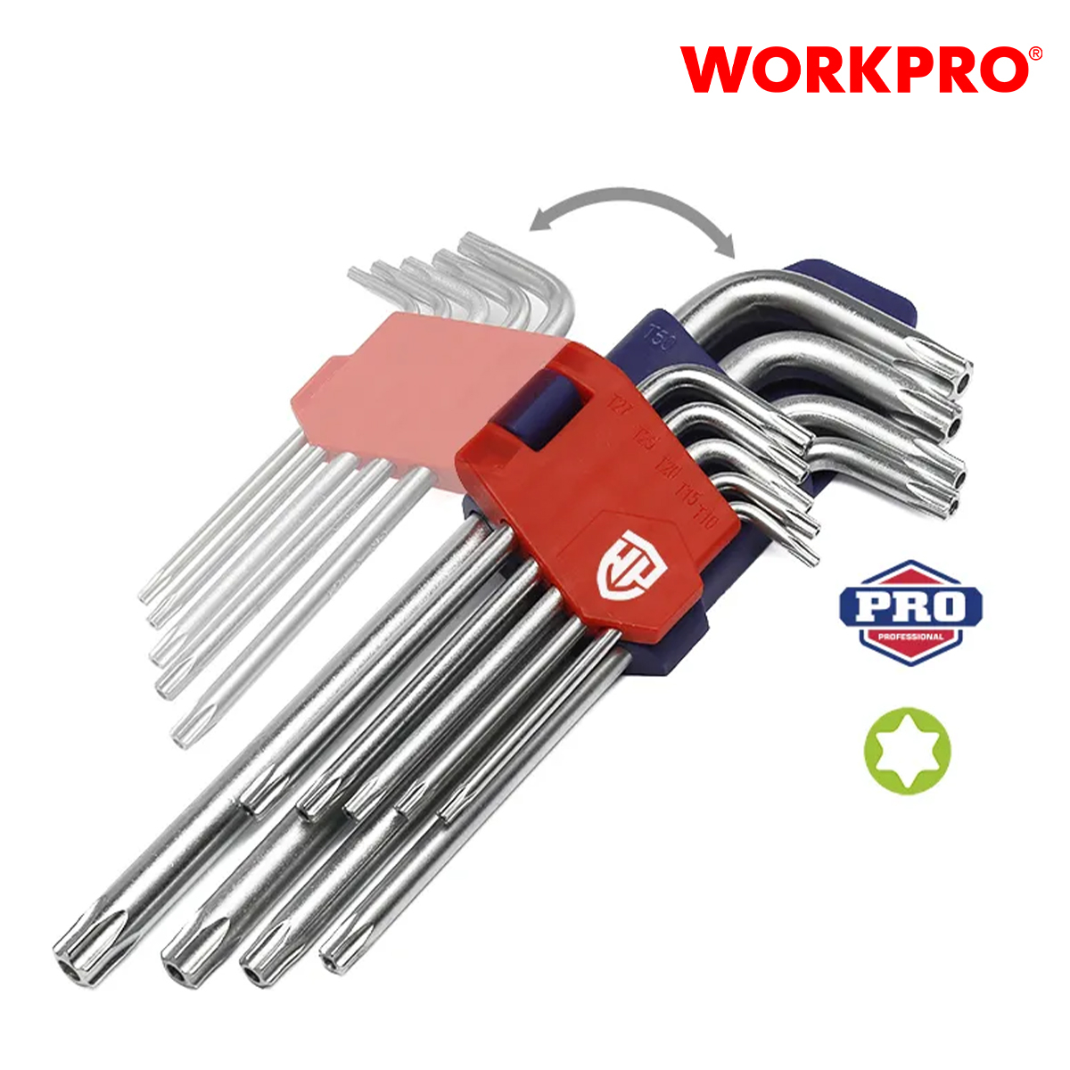 Bộ lục giác đầu hình sao kiểu chữ L Workpro - WP222002, loại trung 9 cái (T10,T15,T20,T25,T27,T30, T40, T45, T50) thép h