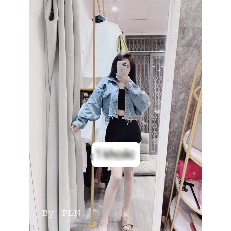 Áo Khoác Jean Rách Denim Tay Dài, Áo Jean Form Ngắn Croptop Trendy