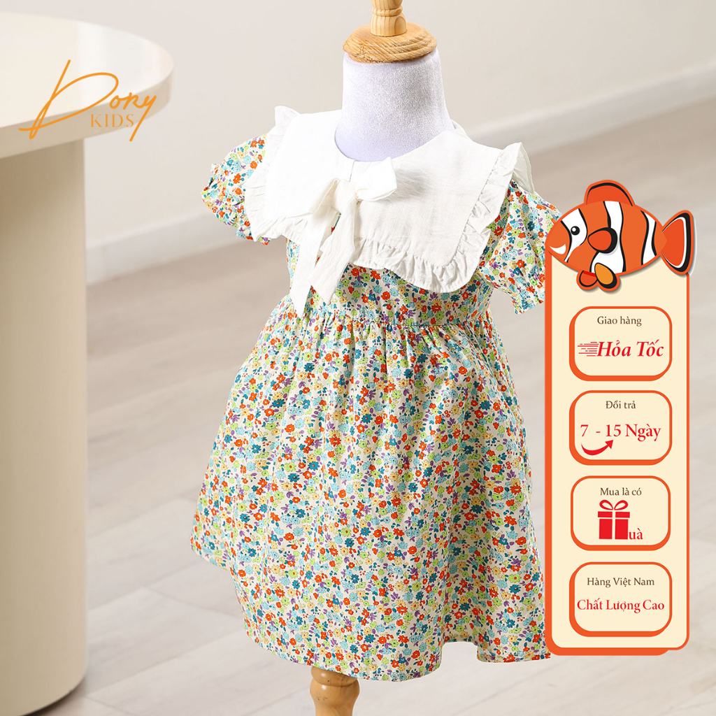 Váy Bé Gái Có Tay, Hoa Nhí, Cổ Yếm Đính Nơ, Chất Liệu Thô Cotton Thoáng Mát Thấm Hút Mồ Hôi, Size Từ 8kg đến 40kg
