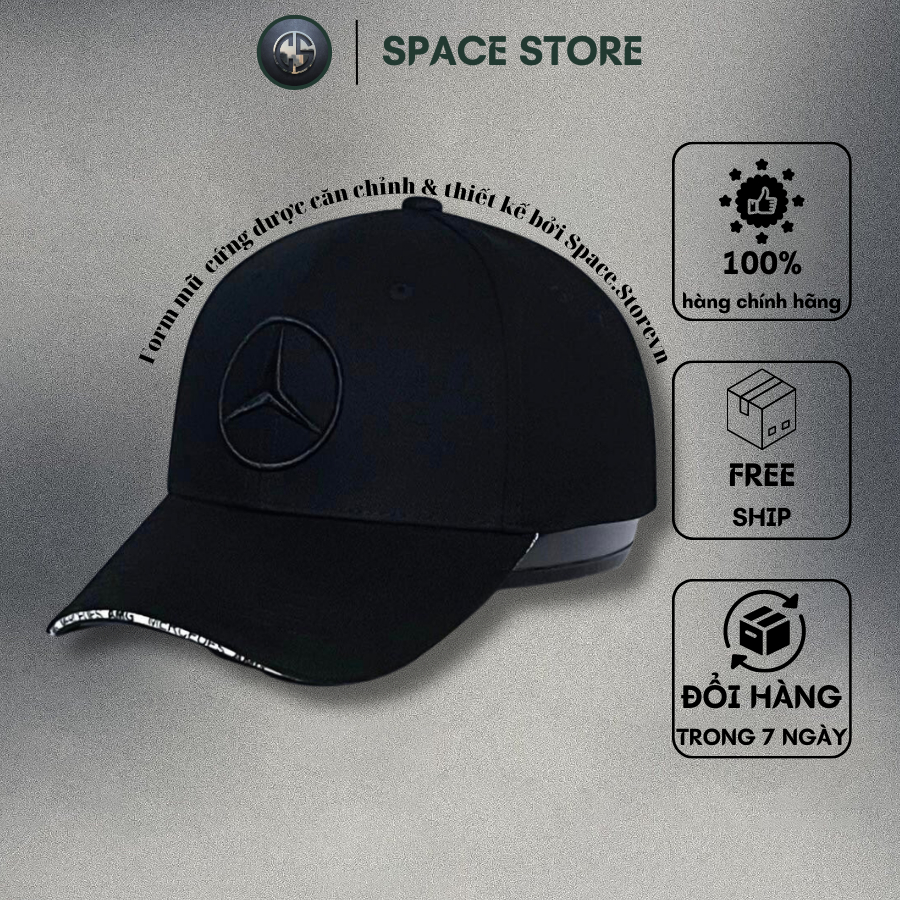 Mũ lưỡi trai Mercedes đen logo thêu nổi, hàng xuất dư Freesize dành cho cả nam và nữ, Full hộp