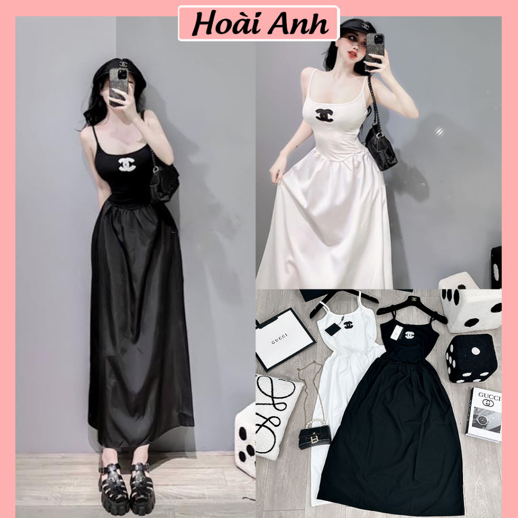 Váy 2 Dây Nữ Thêu Logo Chalel Nổi Phối Màu Dáng Dài Đầm Nữ 2 Dây Chân Váy Dáng Xoè Freesize