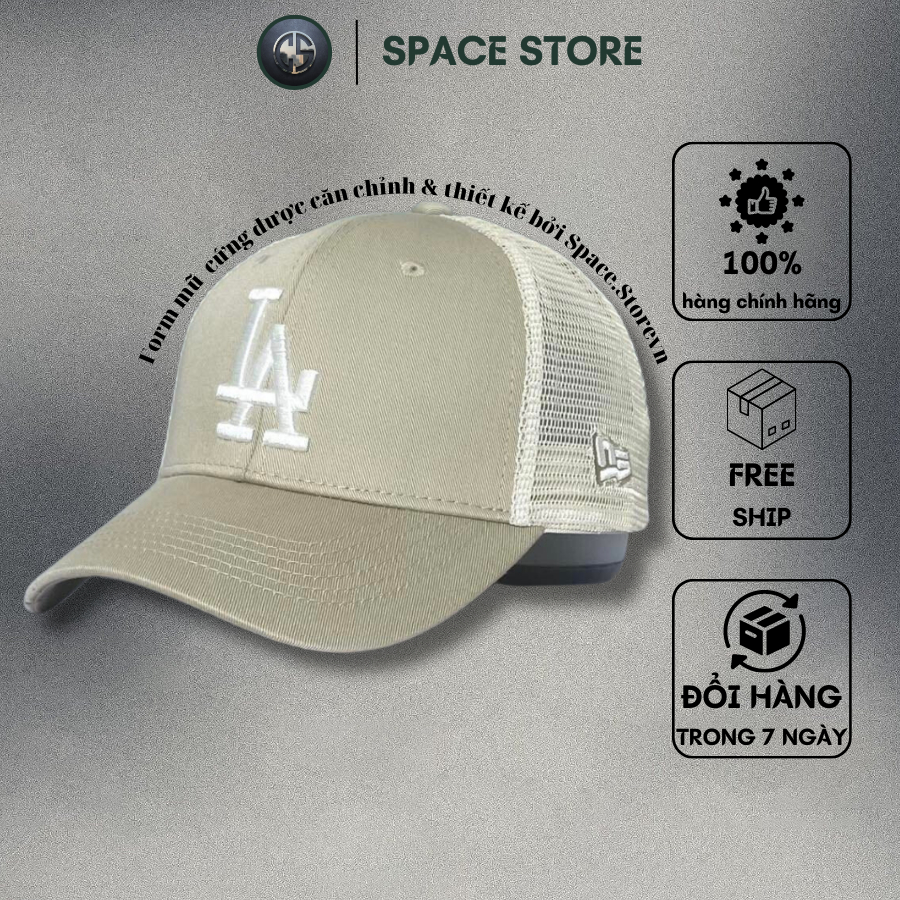 Mũ lưỡi trai lưới be Logo trắng "LA" thêu nổi, hàng xuất dư Freesize dành cho cả nam và nữ, Full hộp
