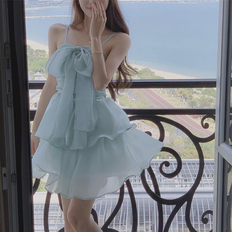 Váy 2 Dây Tơ Óng Nơ Ngực, Đầm Bánh Bèo 2 Lớp Sang Chảnh