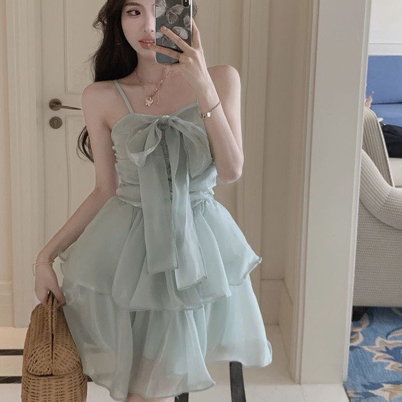 Váy 2 Dây Tơ Óng Nơ Ngực, Đầm Bánh Bèo 2 Lớp Sang Chảnh