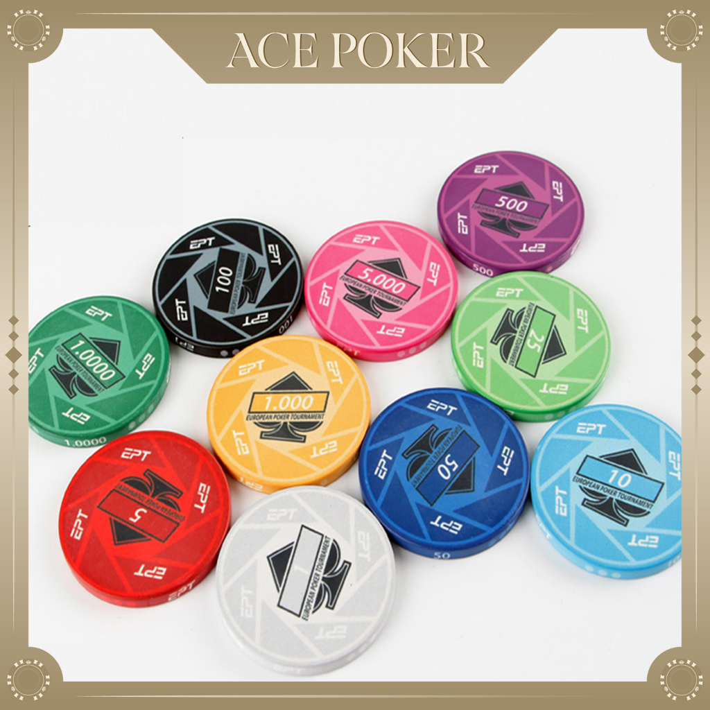 Chip Poker có số, phỉnh EPT European Poker Tour cao cấp. Set chip Poker Ceramic gốm cao cấp.