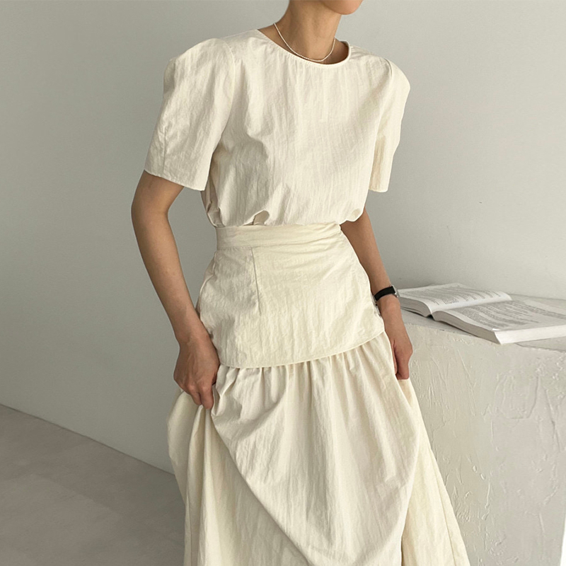 b18|set bộ mùa hè áo sơ mi cổ tròn tay ngắn cotton, chân váy xòe xếp ly tầng mùa hè, du lịch gd_order